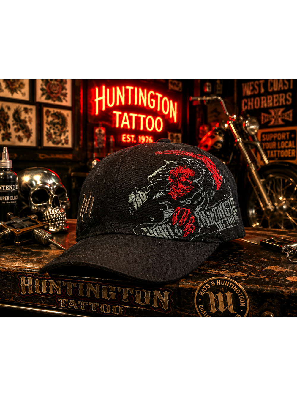 Vintage Y2K 2006 Huntington Tattoo Grim Reaper Stretch Fitted Hat Cap Black